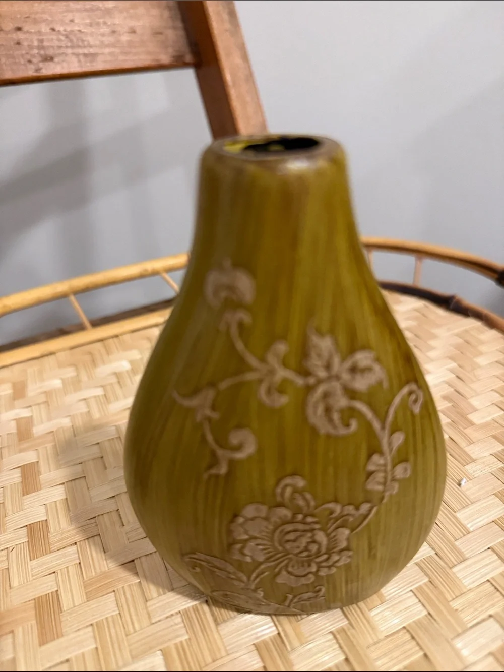 Vintage Faux Wood Grain Ceramic Vase Set Brown & Olive Green Gold Floral Boho MC